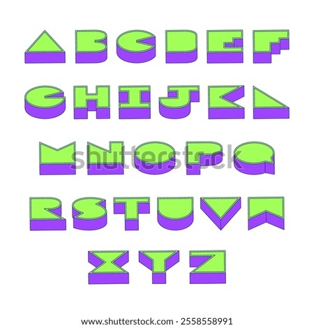 Green and violet alphabet letters with 3d isometric effect on white background. Vector illustration.