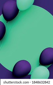 Green and violet balloons with threads on green round background. Space for text. Vector festive illustration.