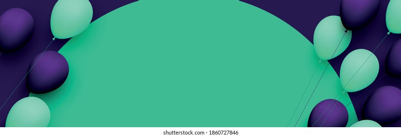 Grüne und violette Ballons mit Fäden auf grünem, rundem Hintergrund. Platz für Text. Vektorfestivals.