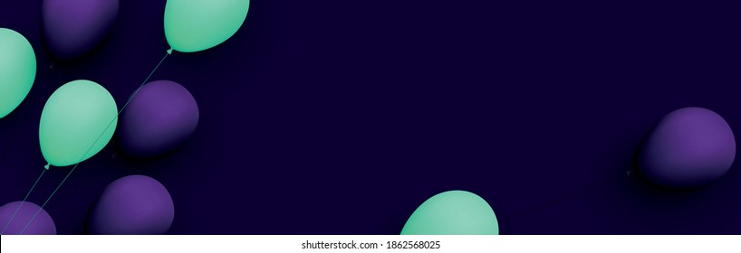 Globos verdes y violetas con hilos sobre fondo violeta oscuro. Espacio para texto. Ilustración festiva vectorial.
