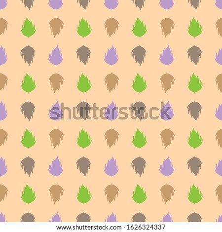 Green, violet, beige and broun leaves on light-orange background. Seamless pattern. Vector graphics.