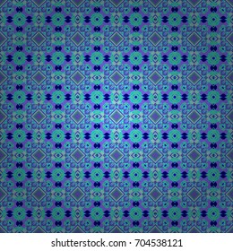 Green, violet and blue ethnic geometric motif seamless pattern in green, violet and blue on abstract background.