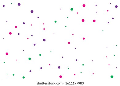 Green and violet circles confetti falling on transparent background. Round, dot vector background. Abstract colorful confetti flying in the air. Vector holiday illustration with circles confetti.