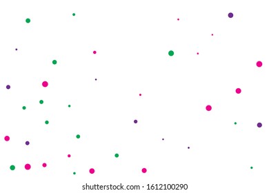 Green and violet circles confetti falling on transparent background. Round, dot vector background. Abstract colorful confetti flying in the air. Vector holiday illustration with circles confetti.