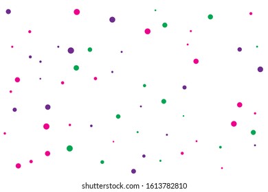 Green and violet circles confetti falling on transparent background. Round, dot vector background. Abstract colorful confetti flying in the air. Vector holiday illustration with circles confetti.