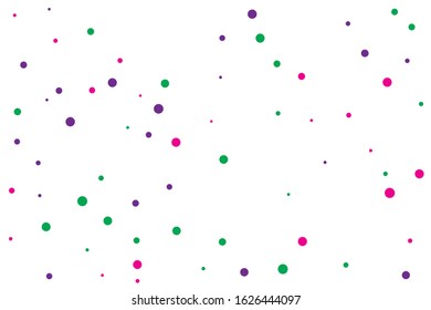 Green and violet circles confetti falling on transparent background. Round, dot vector background. Abstract colorful confetti flying in the air. Vector holiday illustration with circles confetti.