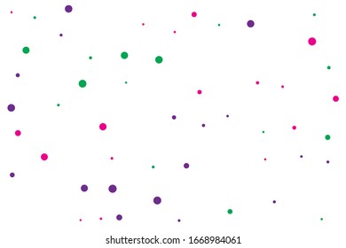 Green and violet circles confetti falling on transparent background. Round, dot vector background. Abstract colorful confetti flying in the air. Vector holiday illustration with circles confetti.