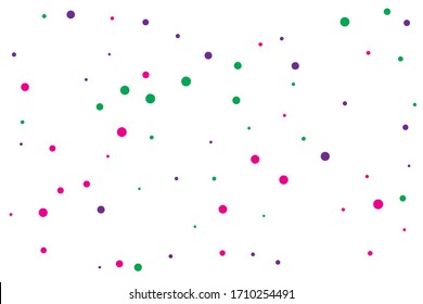 Green and violet circles confetti falling on transparent background. Round, dot vector background. Abstract colorful confetti flying in the air. Vector holiday illustration with circles confetti.