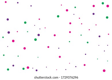 Green and violet circles confetti falling on transparent background. Round, dot vector background. Abstract colorful confetti flying in the air. Vector holiday illustration with circles confetti.