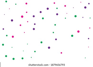 Green and violet circles confetti falling on transparent background. Round, dot vector background. Abstract colorful confetti flying in the air. Vector holiday illustration with circles confetti.