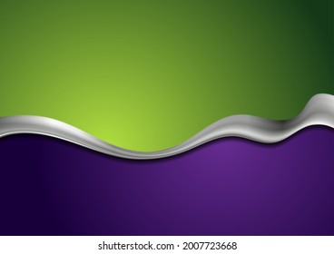 Green and violet contrast background with abstract metallic wave. Vector design