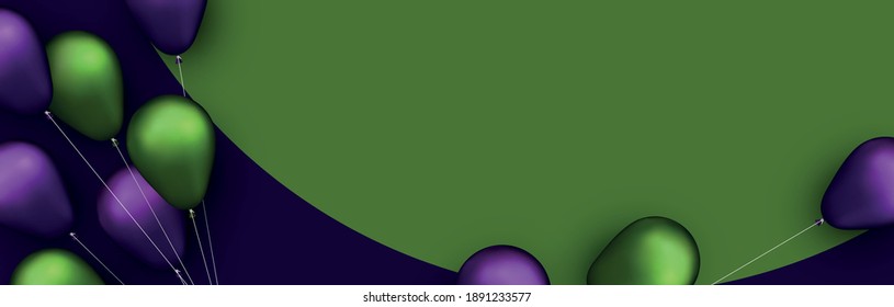 Green and violet foil balloons with threads on violet background with green round. Space for text. Vector festive illustration.