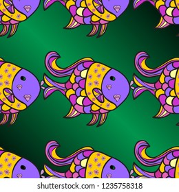 Green, violet and gray. Decorative gradient pattern with tropical fish stylized texture of embroidery. Vector pattern for printing on fabric.