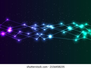 Green violet neon curved connection lines tech background. Vector design