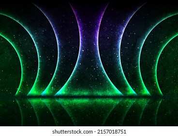 Green violet neon laser curved lines abstract technology retro grunge background. Futuristic glowing graphic vector design
