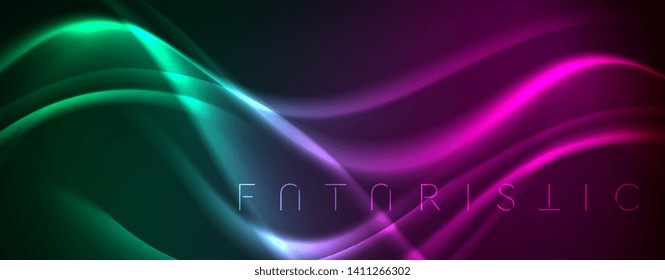 Olas líquidas de neón violeta verde con fondo abstracto. Diseño de vectores