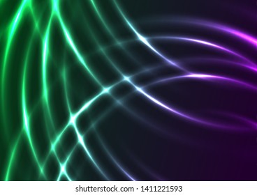 Olas brillantes de neón verde y violeta de fondo abstracto. Diseño de vectores