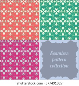 Green, violet and orange collection ornamental seamless patterns for making damask wallpapers and textile print. Vintage style. Vector illustration.