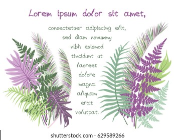 Green and violet tropical leaves vector illustration - frame for random text on white background. Jungle exotic leaf, greenery pattern. Card with tropic fern frond, palm tree branches.