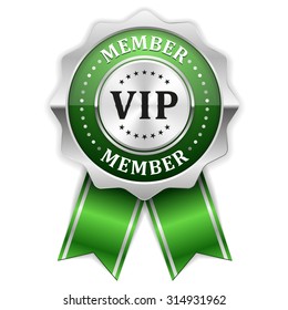 Green vip member rosette with silver border on white background