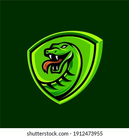 Green Viper Snake Sport Mascot Logo Design Icon With Emblem Badge Shield In Modern Illustration Vector.