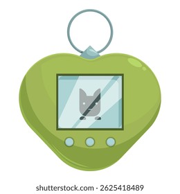 Green virtual pet keychain showing a smiling cat character on its digital screen