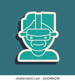 Green Virtual reality glasses icon isolated on blue background. Stereoscopic 3d vr mask. Long shadow style. Vector Illustration