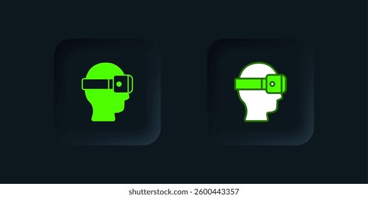 Green Virtual reality glasses icon isolated on black background. Stereoscopic 3d vr mask. Optical head mounted display. Black square button. Vector