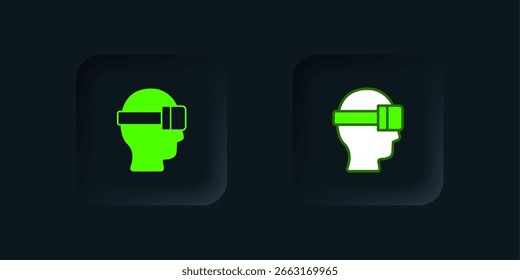 Icono de gafas de realidad virtual verde aislado sobre fondo negro. Máscara estereoscópica 3d vr. Pantalla montada en la cabeza óptica. Botón cuadrado negro. Vector