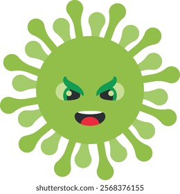 Green virus cartoon with expressive eyes, green eyebrows, and an open mouth with a red tongue, representing a virus in a fun, animated way.