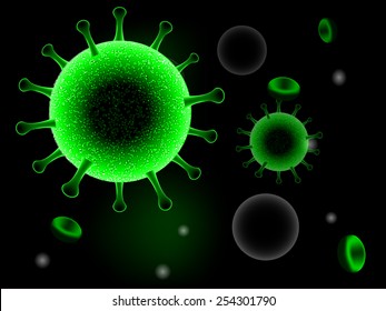 Green virus cells or bacteria on dark background vector illustration
