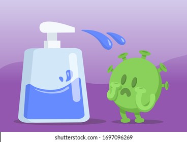 Green virus character scared of spraying wash gel. Fight coronavirus with health care. Quarantine, COVID-19 world outbreak. Funny colorful flat vector illustration, horizontal.