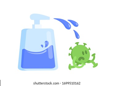 Green virus character scared of spraying wash gel. Fight coronavirus with health care. Hygiene, COVID-19 world outbreak. Funny colorful flat vector illustration, isolated on white background.