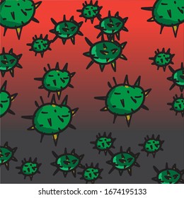 The green virus has a spherical shape and has many sharp, cold winters. There are both small and large on a red background. Look dangerous.