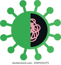 Green virus icon with DNA strand, suitable for health and science themes.