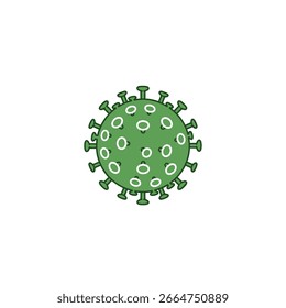Green virus icon, spherical shape with protrusions.