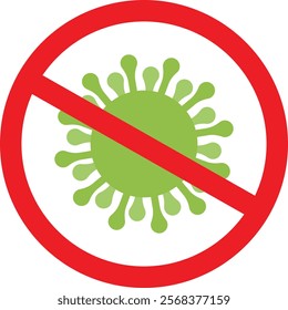Green virus symbol with a red prohibition sign over it, indicating a virus-free or no-virus message.
