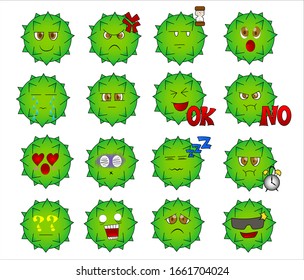 Green virus with various emotions (happy, angry, crying, bored, love, fear, doubt, shock, sleep, waiting, sad)
