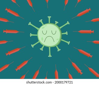 Green Virus vector emoji illustration icon symbol with sad and crying face rounded by the syringe injection on the blue background. Medican health vaccination from coronavirus covid-19 concept, vector