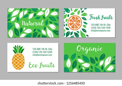 Green visit cards with salad leaves pattern, orange and pineapple. Organic, Natural, Eco, Fresh fruits lettering text. Colourful template collection. Plant-based concept. Vector EPS 10 illustration