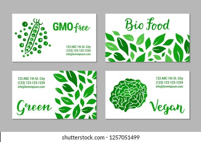 Green visit cards with salad leaves pattern, cabbage and peas. GMO free, Bio food, Vegan lettering text. Colourful template collection. Plant-based concept. Vector EPS 10 illustration