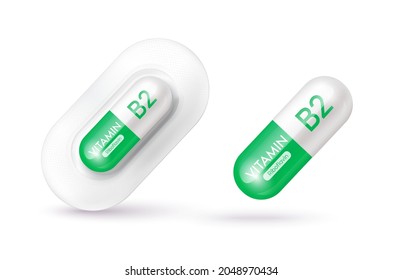 Green vitamin B2 medicine capsule. Dietary supplement health neutralize free radicals. With chemical formula. Anti aging beauty enhancement concept and health care medical. 3D vector EPS10.