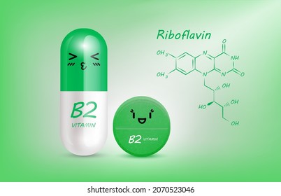 Green vitamin B2 (Riboflavin) capsule cute cartoon character and structure. Pill capsules complex shaped mascot for pharmacy children's clinic. Healthcare and medicine skin care concept. 3D vector.