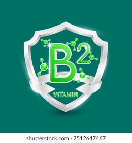 Vitamina B2 verde em escudo de prata com moléculas atômicas cercadas por setas. Nutrientes necessários para a construção de imunidade e proteger o corpo permanecem saudáveis. Para produtos nutricionais, alimentos. Vetor 3D.