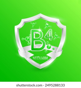 Green vitamin B4 in silver shield with atom molecules surrounded by arrows. Nutrients necessary for building immunity and protect the body stay healthy. For nutrition products food. 3D Vector.