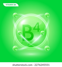 Green vitamin B4 solution. Substance for beauty cosmetic with chemical formula from nature. Collagen serum and hyaluronic acid skincare. Medical scientific concept. 3D Realistic Vector.