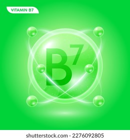 Green vitamin B7 solution. Substance for beauty cosmetic with chemical formula from nature. Collagen serum and hyaluronic acid skincare. Medical scientific concept. 3D Realistic Vector.