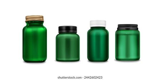 Green vitamin bottle, plastic pill jar package. 3d blank medicine or supplement container with cap. Isolated capsule box with lid set. Realistic health drug or protein large can on white background.