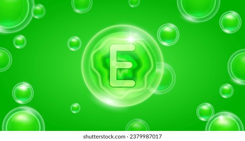 Green vitamin E floating in the air. Vitamins minerals complex and collagen serum. For cosmetic banner or beauty skin care nutrition design. Essential supplement to the health body. 3D vector.