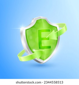 Green vitamin E shield and clear glass arrows. Symbol protection boost immunity the body stay healthy. For advertising nutrition products food. Medical health concepts. Icons 3D vector illustration.